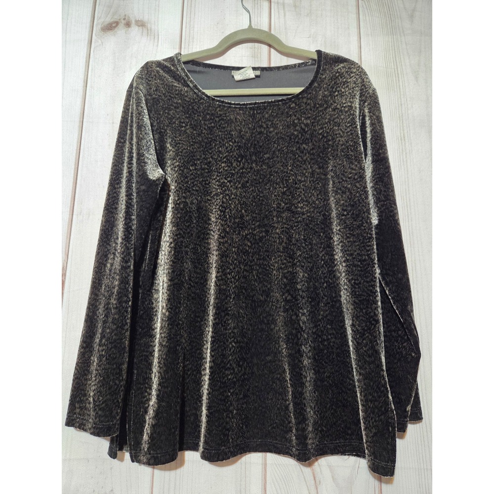 Notations Womens Black Velvet Long Sleeve Top Crew Neck Side Slit Blouse Size M